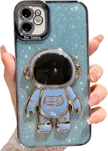 Luxury sparkly blue phone case featuring electroplated 3D astronaut stand for iPhone.