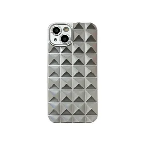 Silver 3D pyramid studded phone case for iPhone, stylish minimalist protective cover.
