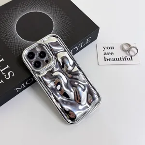 Silver electroplated liquid metal phone case with unique irregular texture, detail shot.