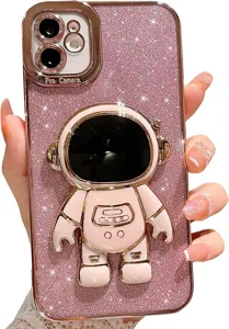 Pink glitter iPhone case with electroplated astronaut stand and camera protection cover.