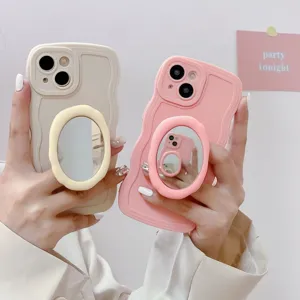 Flüssigsilikon wellenförmige iPhone Hülle mit Schminkspiegel Halterung, stilvolles Pastell Cover.