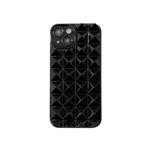 Black 3D pyramid stud phone case, glossy geometric protective cover for iPhone.