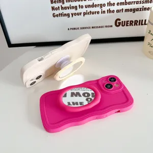 Einfarbige flüssige Wellen-Silikon Handyhülle mit Make-up Spiegel Ständer für iPhone 13 14 Pro Max