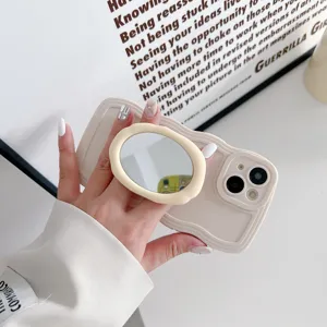 Einfarbig flüssige wellenförmige Handyhülle mit Make-up-Spiegel Ständer für iPhone