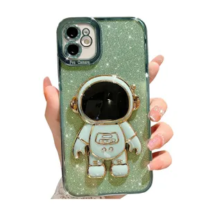 Green glitter iPhone case with electroplated 3D astronaut holder for smartphone protection
