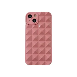 Pink 3D pyramid textured phone case detail view, geometric glossy protective back cover.