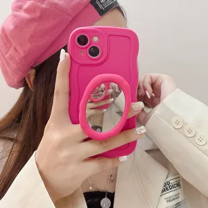 Rosa flüssige gewellte Silikon Handyhülle mit Make-up Spiegel Ständer für Apple Modelle.