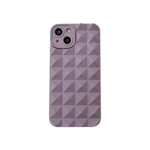 Purple geometric pyramid studded phone case detail, glossy finish texture for iPhone max.