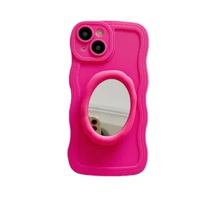 Heller rosa gewellter flüssiger Silikon Handyhülle mit Make-up Spiegel für iPhone Abdeckung.