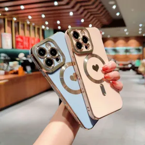 Cover per telefono magnetica galvanizzata di lusso con cuore, morbida TPU per iPhone.
