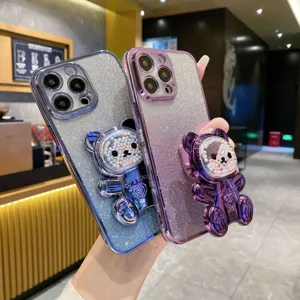 Coque de téléphone ours perlé pailleté avec support 3D, étui de protection souple Samsung.