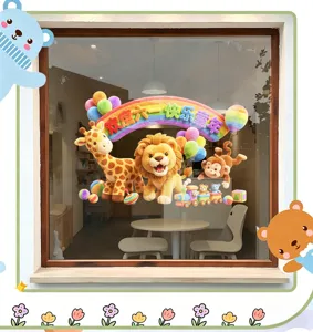 Electrostatic window sticker featuring cute 3D cartoon animals and rainbow on shop glass.