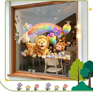 Vibrant cartoon animal window stickers showing lion and giraffe on storefront glass pane