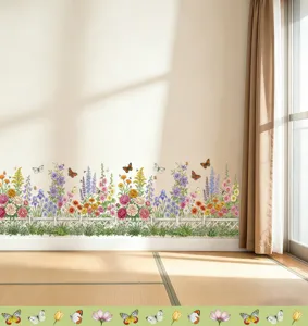 Vue détaillée des autocollants muraux de clôture de jardin avec fleurs et papillons