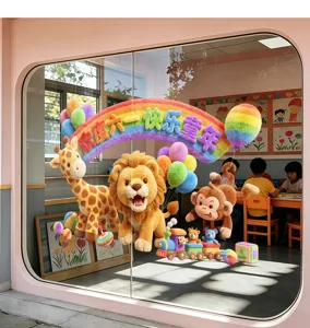 Vibrant Children's Day glass stickers with cartoon animals and rainbow in a nursery