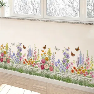 Sticker Mural Clôture de Jardin à Fleurs Botaniques Pastorales Auto Adhésif Imperméable Décalcomanie Murale Papillon pour Classe Maternelle Décoration Maison