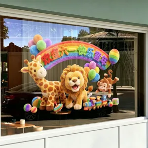 3D textured cartoon animal static glass stickers for Children's Day window display