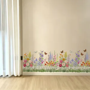 Sticker mural autocollant bordure fleurie avec clôture blanche et papillons décor