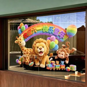 Vibrant 3D cartoon animal static glass window stickers for Children's Day shop decor
