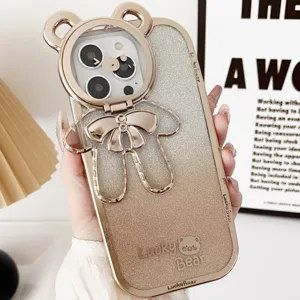 Electroplated glitter phone case with cute 3D bear stand and bow for iPhone 15 Pro Max