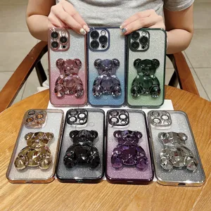Diamanten Beer Standaard Verguld Verloop Glitter Telefoonhoesje Voor iPhone Pro Max Plus X XS XR Schokbestendige TPU Hoes