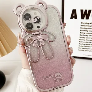 Cute bear iPhone case with pink gradient glitter and stand, full coverage luxury phone cover.