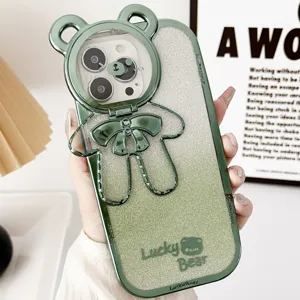 Cute green glitter bear phone case with stand for iPhone 15 Pro Max full cover design