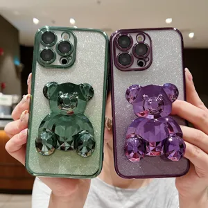 Diamanten beer telefoonhoesje voor iPhone 15 14 Pro Max glitter verloop hoes