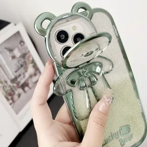 Green electroplated cute bear phone case with glitter and convenient stand detail view.
