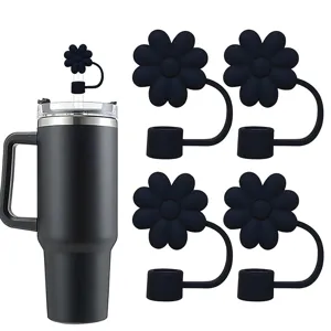 Black silicone straw covers cute daisy flower caps set for tumbler cup dustproof lid