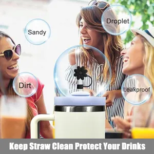 Silicone straw cover detail shot, cute black daisy design, dustproof and leakproof use.