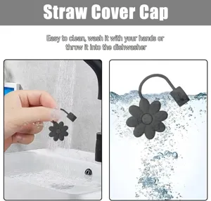 Silicone straw cover cap detail view, black daisy shape, easy to clean in dishwasher.