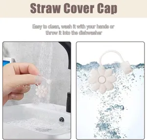 Silicone daisy straw cover detail showing clean washing and water immersion features.