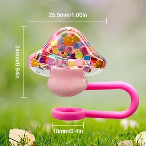Rosa pilzförmige Strohhalmabdeckung Staubstopfen 10mm Detailansicht mit genauen Maßen