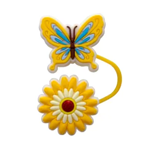 Silicone straw topper detail, cute yellow butterfly and sunflower design for 10mm cups.
