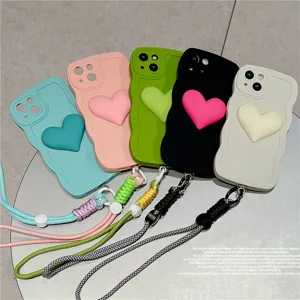 Silicone wavy phone case with 3d heart and lanyard for iphone 13 14 pro max colorful soft back cover
