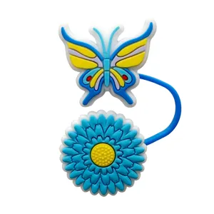 Cute blue butterfly daisy straw cover cap for 10mm cups silicone dust plug accessory