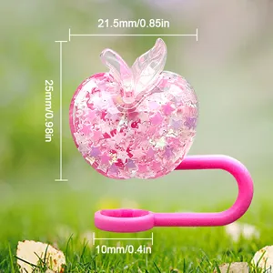 Rosa Glitzer Apfel Strohhalm Abdeckung 10mm Staubschutz für Trinkbecher Detail Maße.