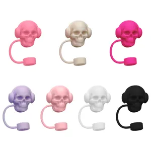 Copertura per cannnuccia in silicone a forma di teschio con cuffie, topper antipolvere carino.