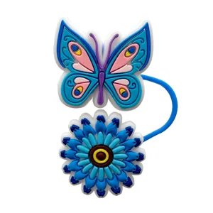 Silicone butterfly and flower straw cover cap for 10mm tumblers, cute dust-proof topper.