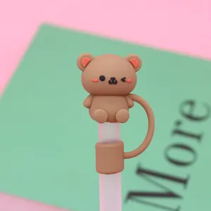 Cute brown bear silicone straw cover dust plug for 10mm Stanley cup straws reusable protector