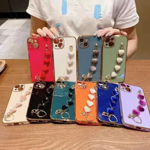 Plush Heart Chain Strap Electroplated TPU Phone Case For Samsung S22 S21 S20 Ultra Plus Women Protective Back Cover