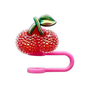 Rosa Kristall Kirsche Strohhalm Abdeckung Schutzstecker für 10mm Becher Silikon Topper