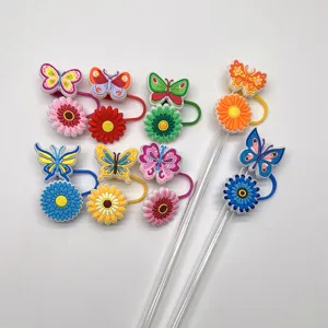 Colorful silicone butterfly and flower straw covers dust plugs for 10mm cup accessories