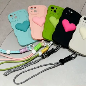 Silicone wave phone case with 3d heart and braided lanyard showcased in multiple colors main view