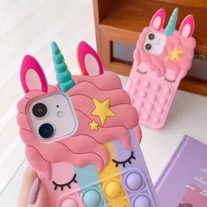 Cute 3D unicorn silicone push pop bubble phone case for iPhone colorful pastel cover
