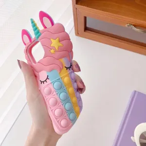 Cute 3D Unicorn Pop It Silicone Phone Case Rainbow Soft Cover for iPhone 14 13 Pro