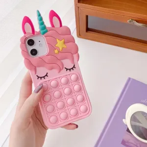 Detail view of the 3D pink unicorn silicone phone case with push pop bubble decompression design for iPhone.