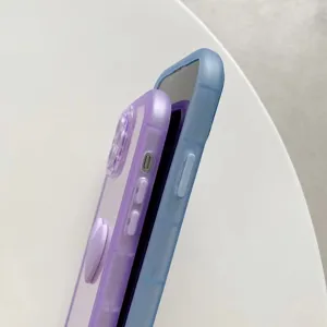 Gedetailleerd overzicht van het schattige 3D hart paarse en blauwe hoesje, zachte TPU.