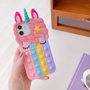 Silicone 3D Unicorn Pop It Fidget Phone Case Rainbow Gradient Soft Cover for iPhone
